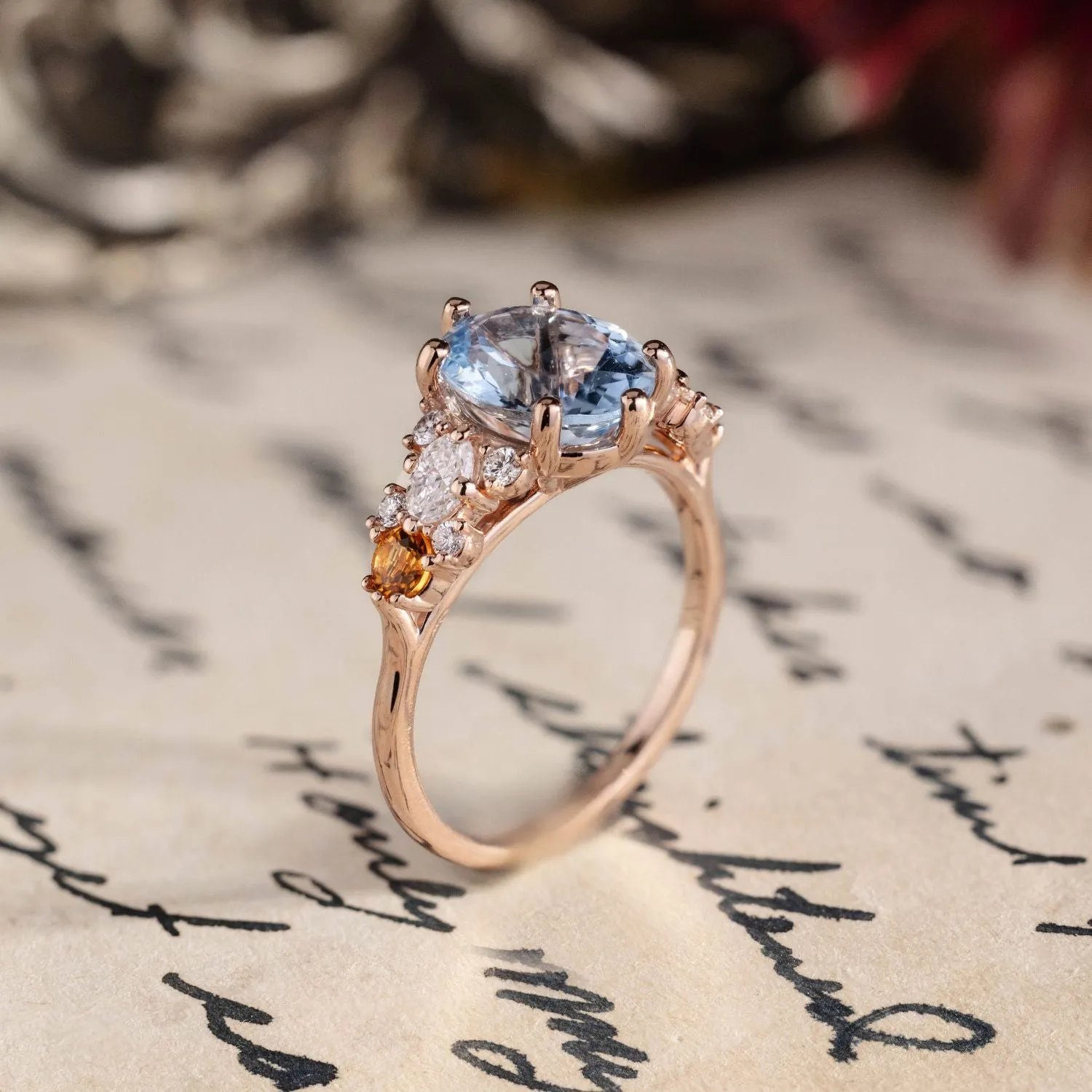 The Elowen - Vintage-Inspired Oval Aquamarine Engagement Ring with Natural Diamond and Citrine Accents