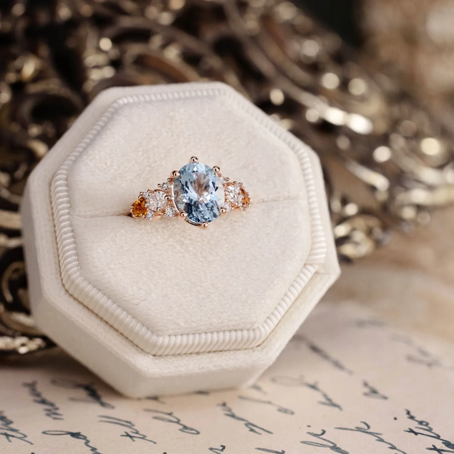 The Elowen - Vintage-Inspired Oval Aquamarine Engagement Ring with Natural Diamond and Citrine Accents