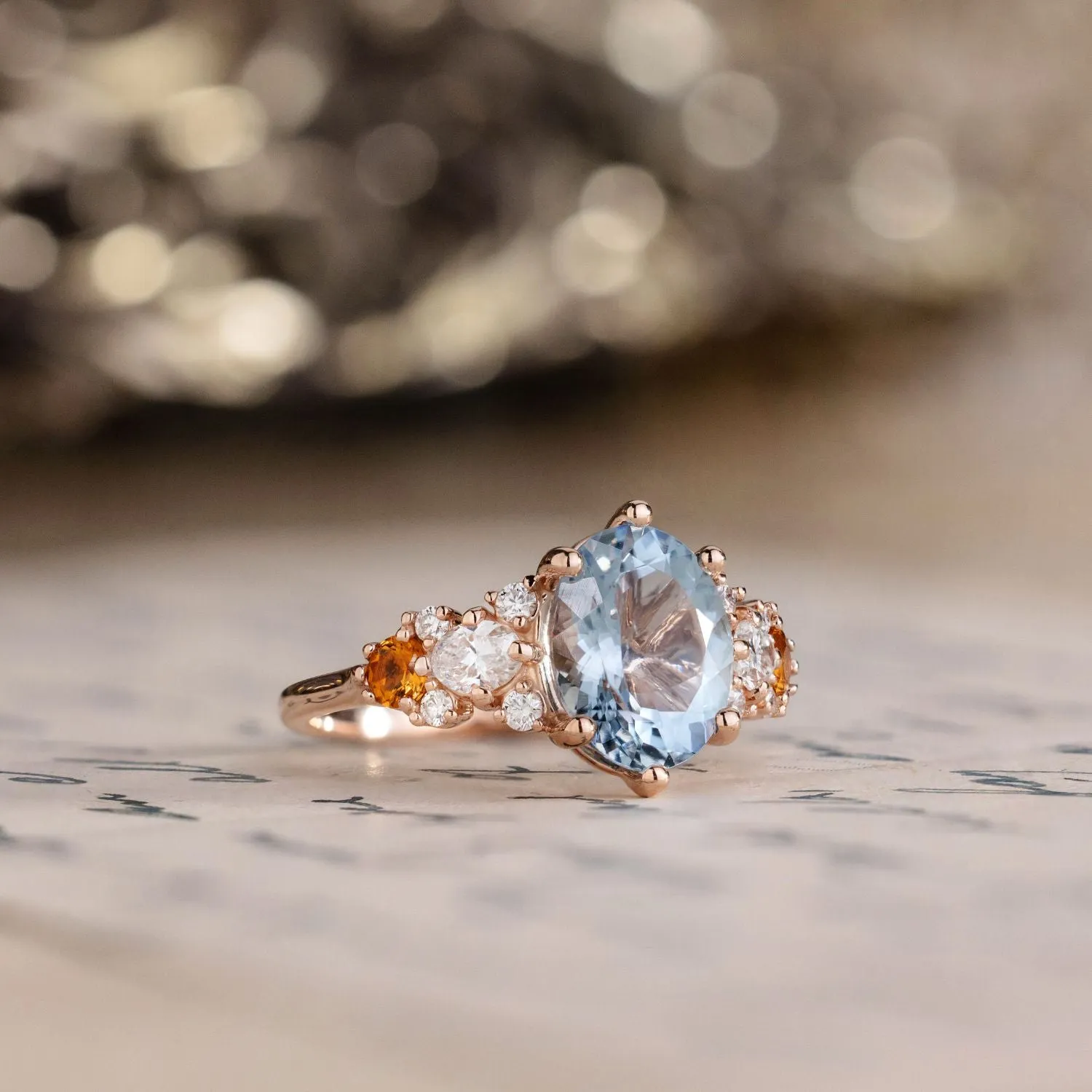 The Elowen - Vintage-Inspired Oval Aquamarine Engagement Ring with Natural Diamond and Citrine Accents