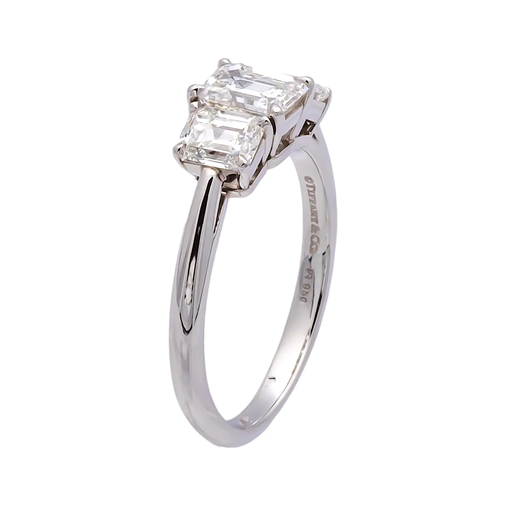 Tiffany & Co. Platinum Three-Stone Emerald Cut Engagement Ring 1.59 ct TW GVVS