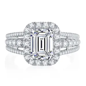Triple Split Shank Halo Emerald Cut Diamond Engagement Ring