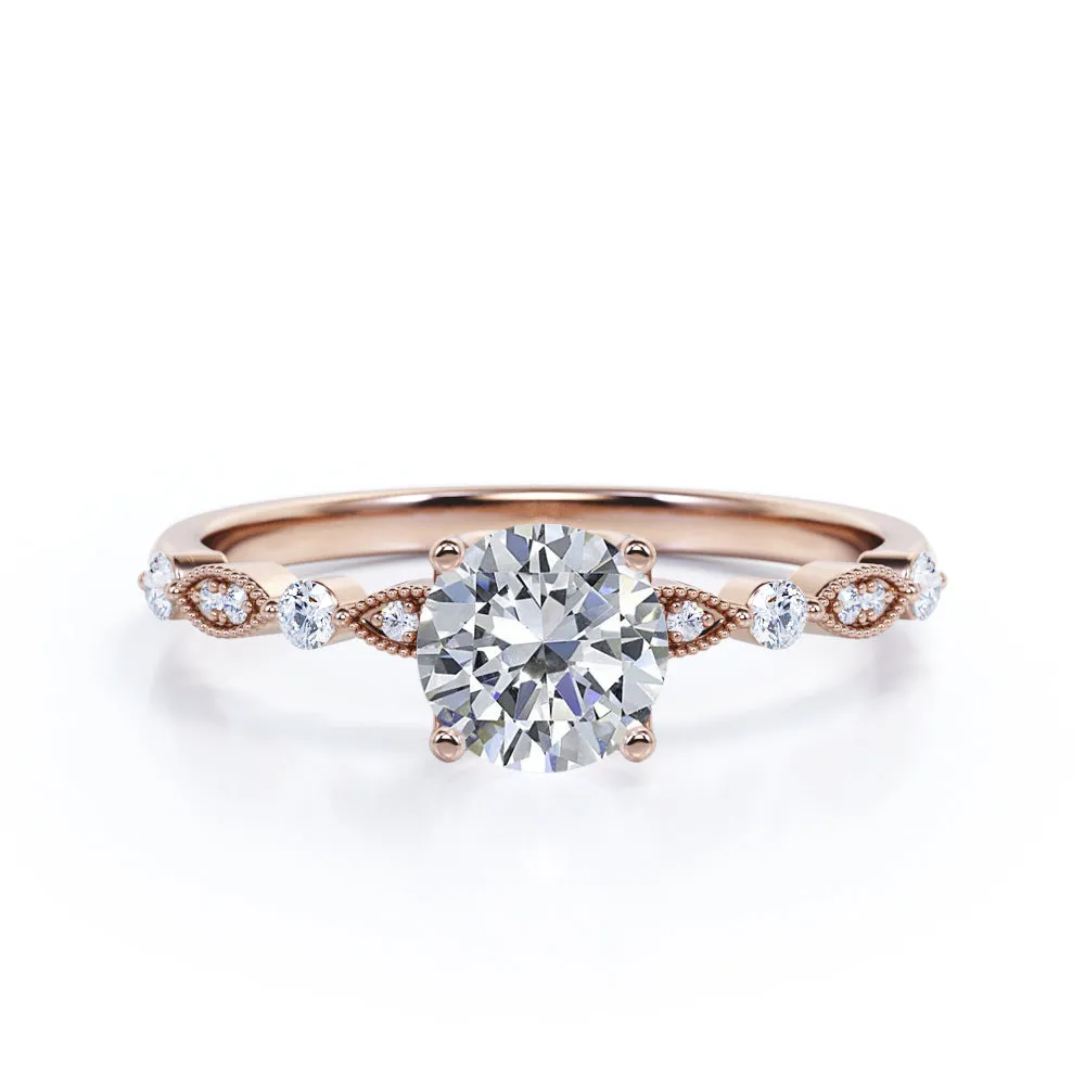 Unique 1.2 carat Round cut Moissanite and diamond-prong setting-milgrain engagement ring in Black gold