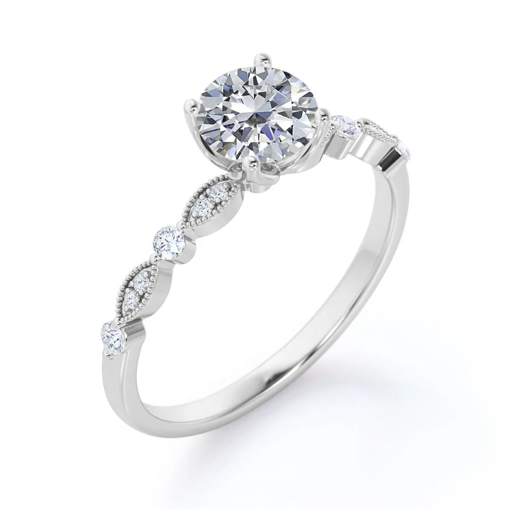 Unique 1.2 carat Round cut Moissanite and diamond-prong setting-milgrain engagement ring in Black gold