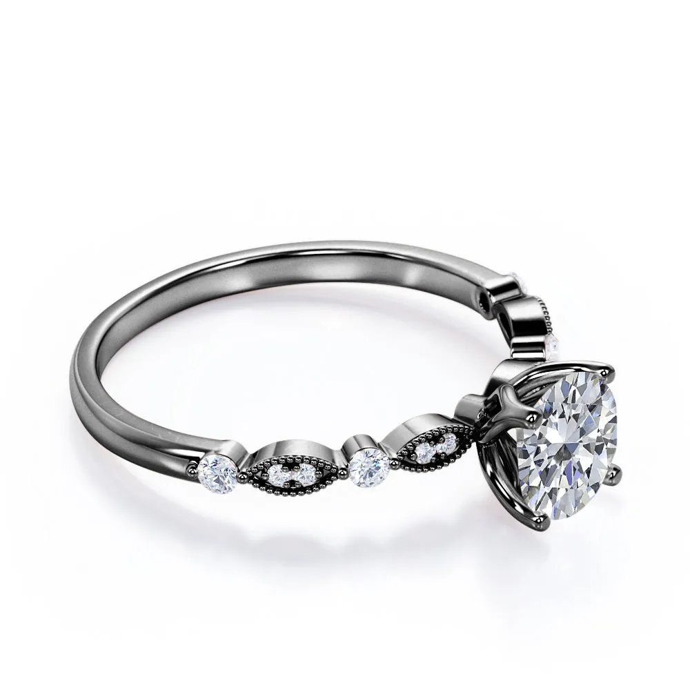Unique 1.2 carat Round cut Moissanite and diamond-prong setting-milgrain engagement ring in Black gold