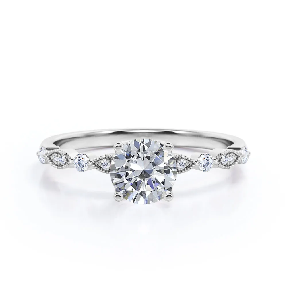 Unique 1.2 carat Round cut Moissanite and diamond-prong setting-milgrain engagement ring in Black gold