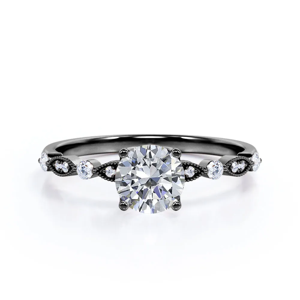 Unique 1.2 carat Round cut Moissanite and diamond-prong setting-milgrain engagement ring in Black gold