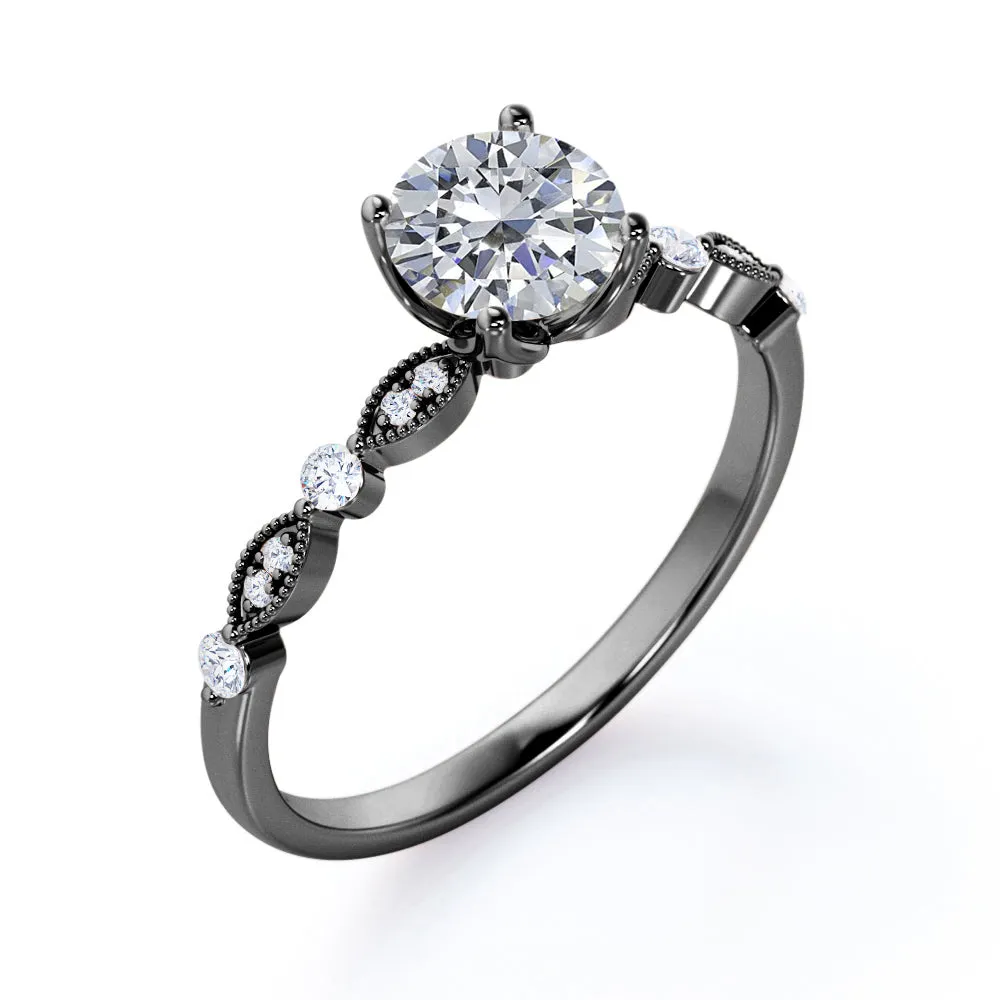 Unique 1.2 carat Round cut Moissanite and diamond-prong setting-milgrain engagement ring in Black gold