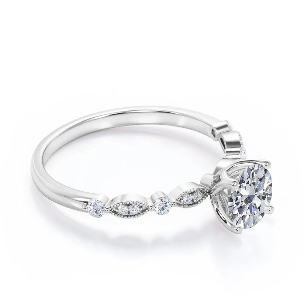 Unique 1.2 carat Round cut Moissanite and diamond-prong setting-milgrain engagement ring in Black gold