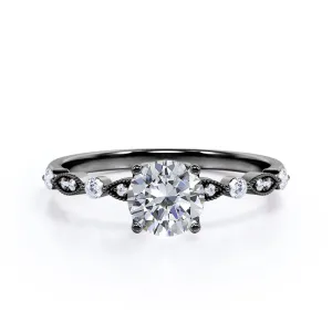 Unique 1.2 carat Round cut Moissanite and diamond-prong setting-milgrain engagement ring in Black gold