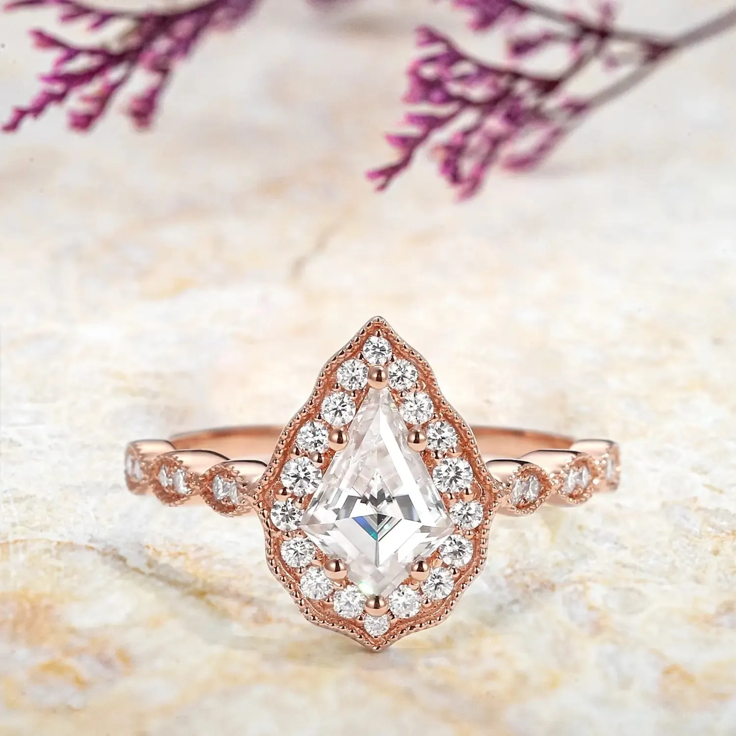 Unique Kite Cut Moissanite Engagement Rings |  Vintage Halo Ring
