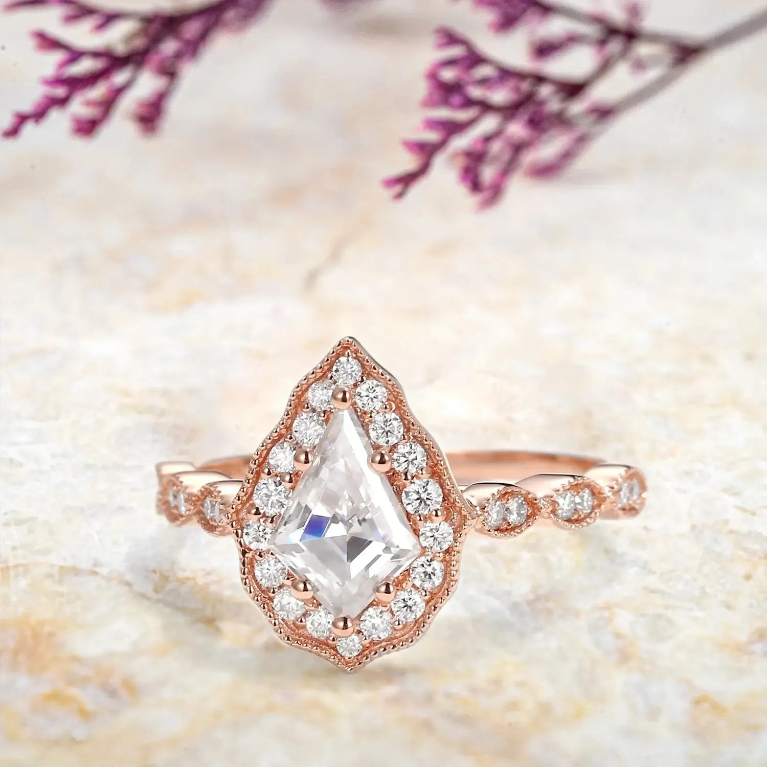 Unique Kite Cut Moissanite Engagement Rings |  Vintage Halo Ring