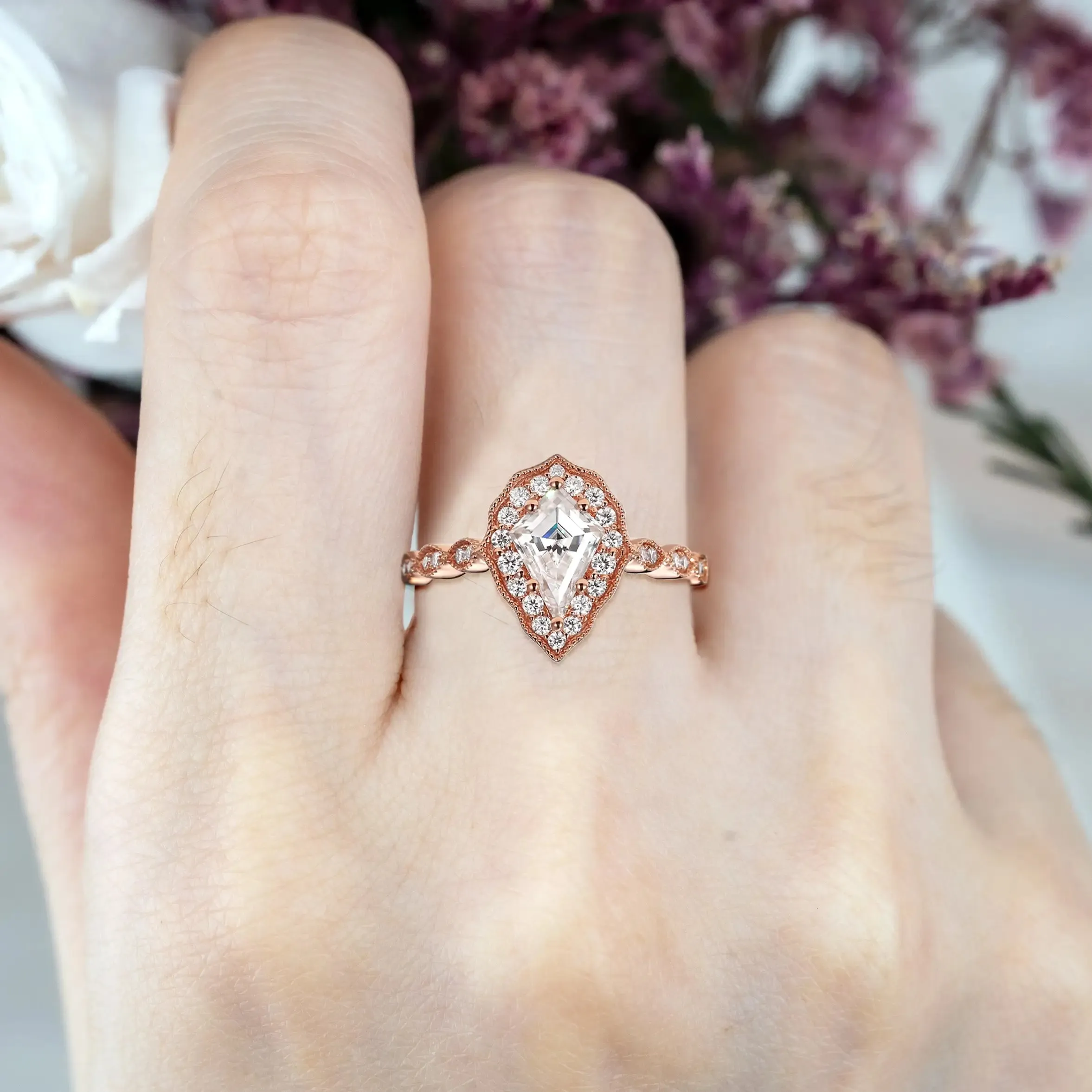Unique Kite Cut Moissanite Engagement Rings |  Vintage Halo Ring