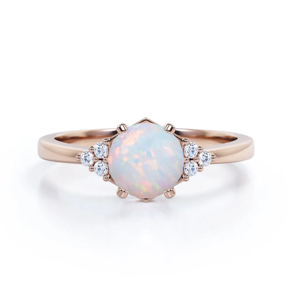 Unique Tapered style 1 carat Round cut Opal and diamond 7 stone engagement ring in Yellow gold