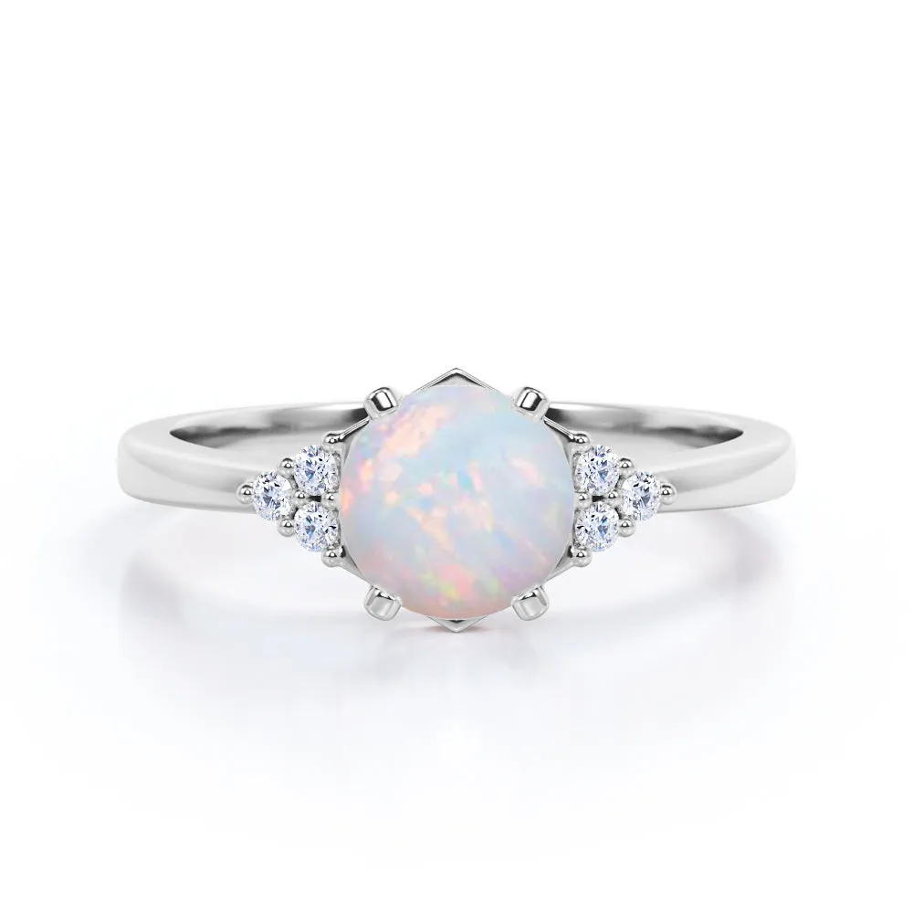 Unique Tapered style 1 carat Round cut Opal and diamond 7 stone engagement ring in Yellow gold