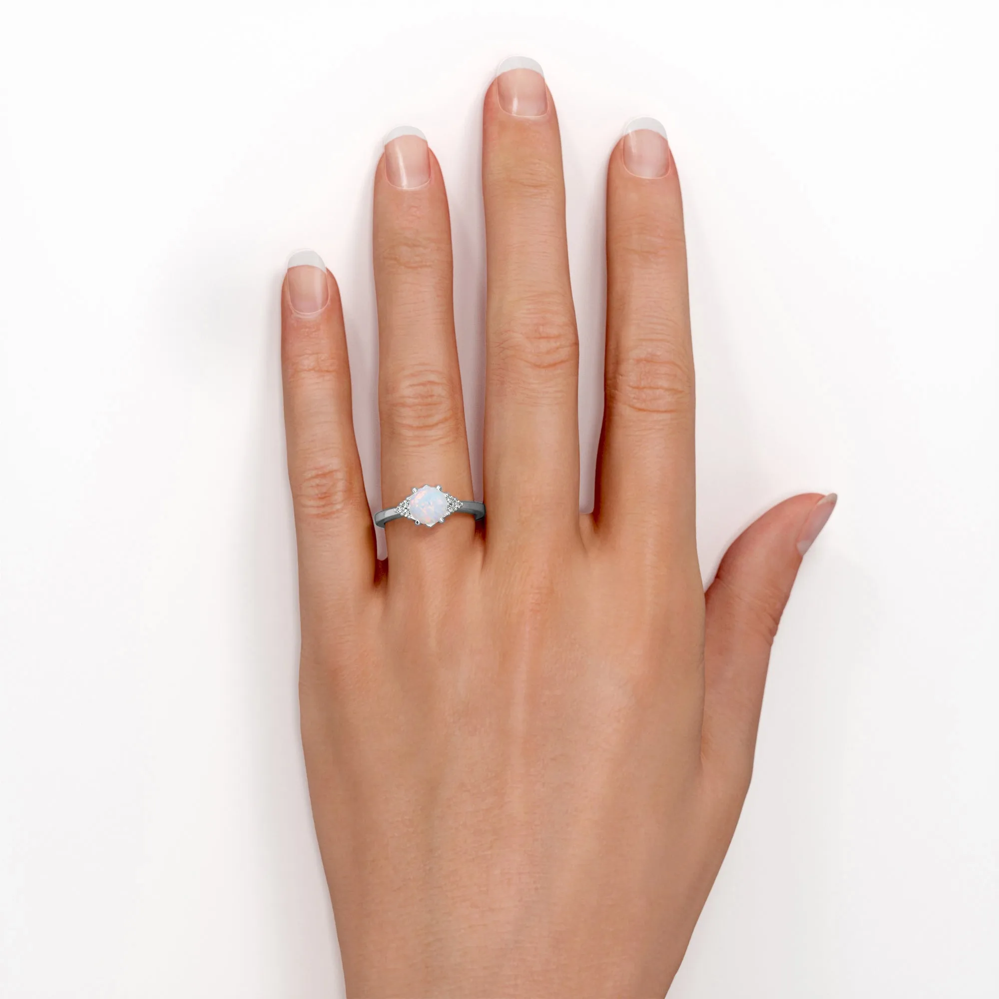 Unique Tapered style 1 carat Round cut Opal and diamond 7 stone engagement ring in Yellow gold