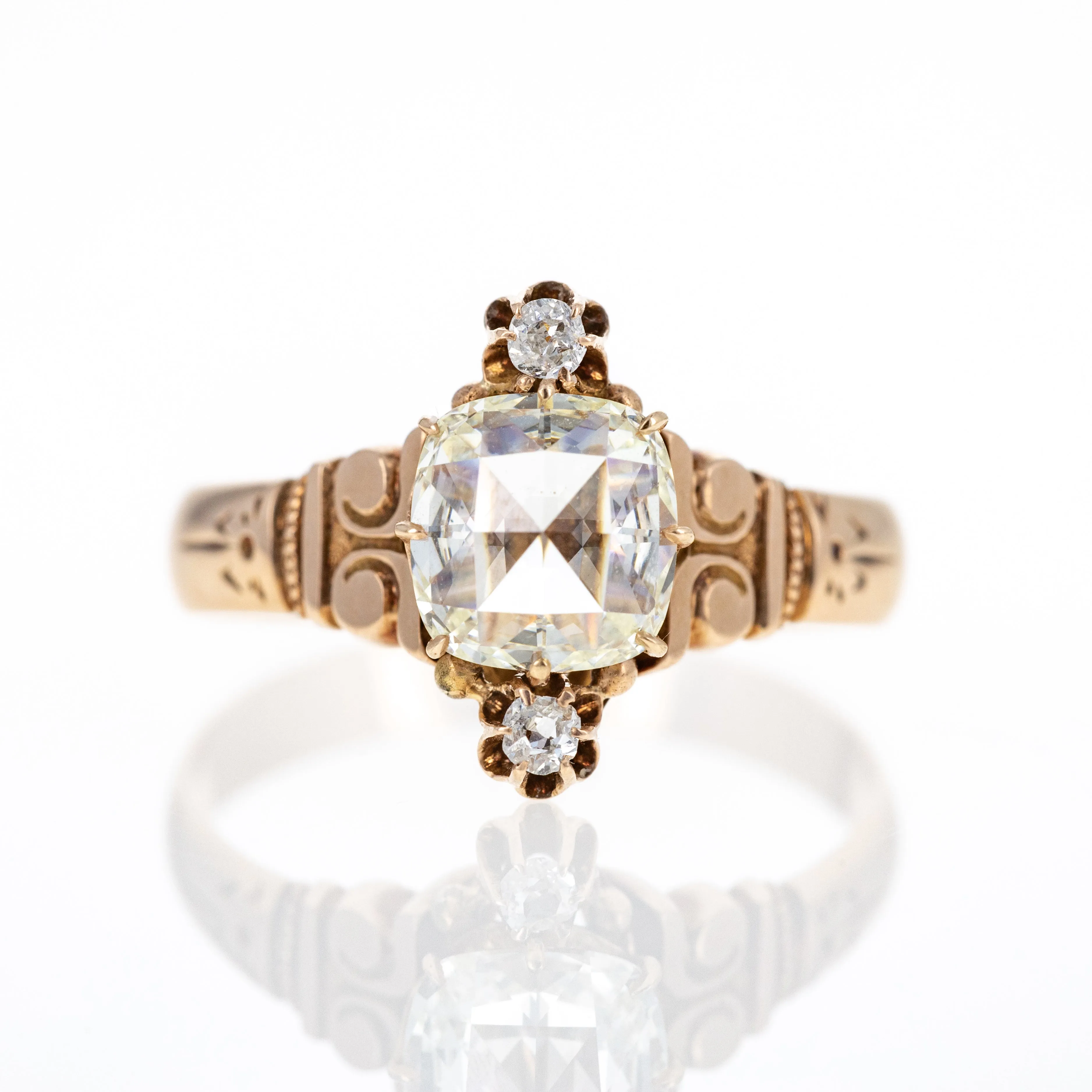 Victorian 10K Rose Gold 1.01 Carat Antique Cushion Rose Cut Diamond Ring