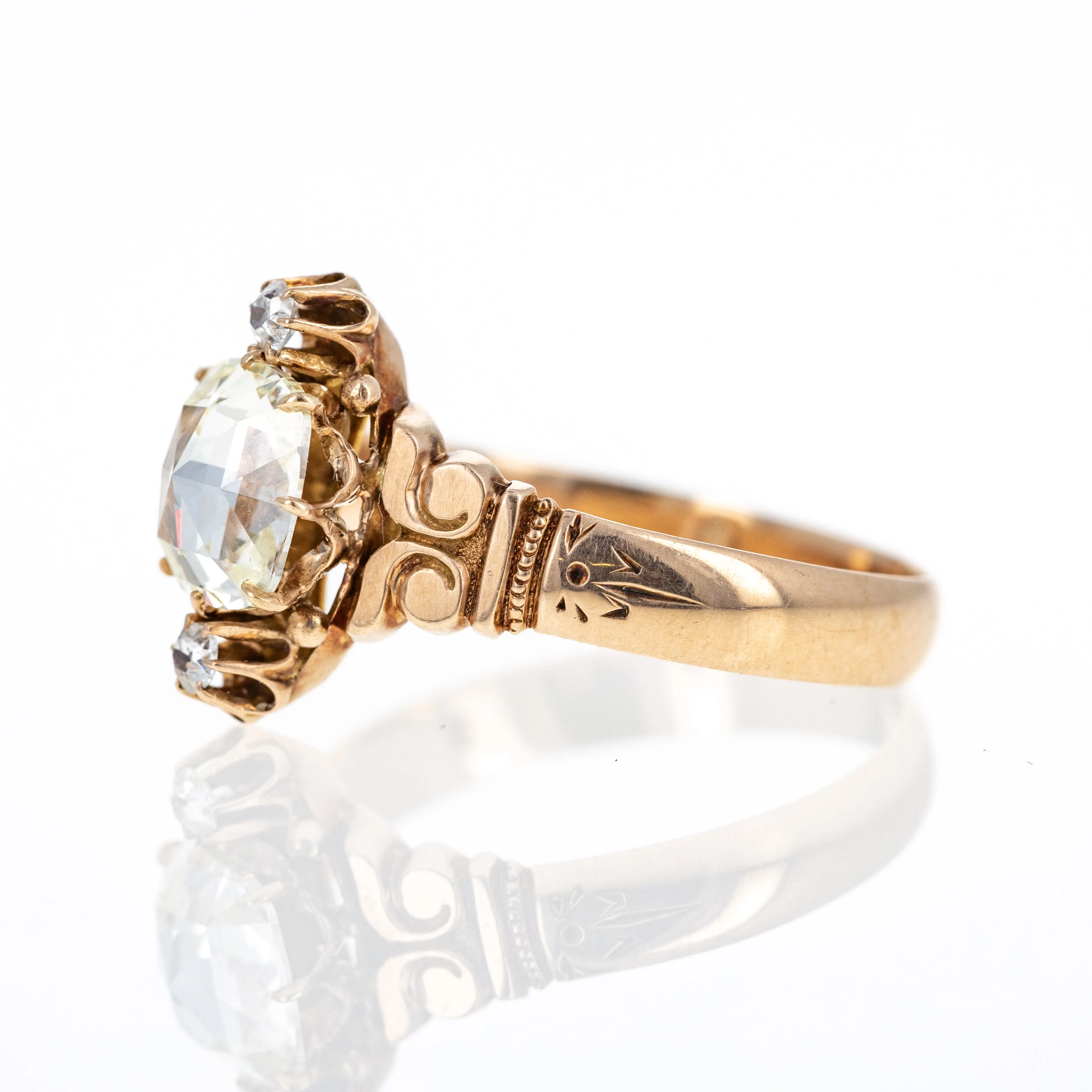 Victorian 10K Rose Gold 1.01 Carat Antique Cushion Rose Cut Diamond Ring