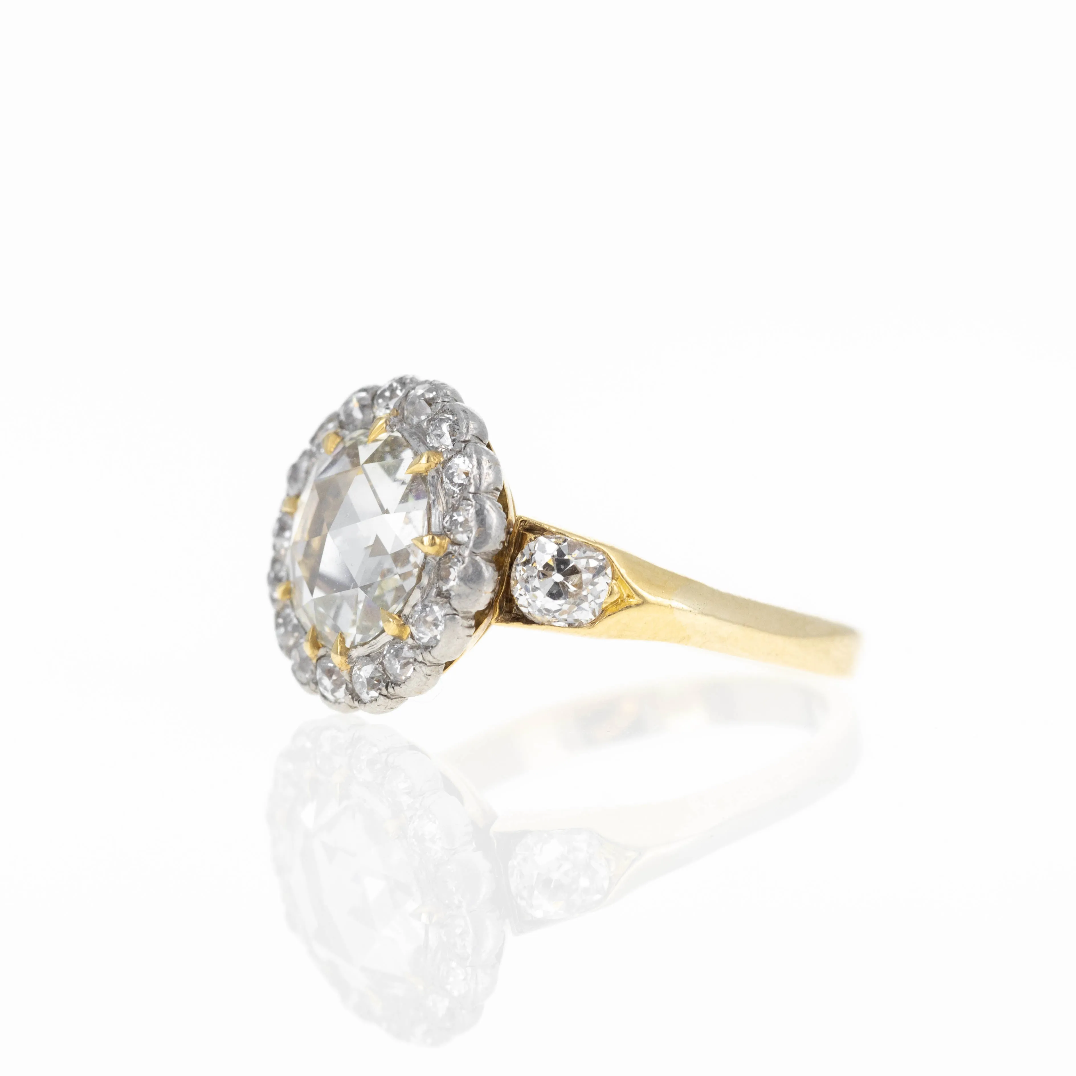Victorian 14K and Platinum 1.50 Carat Rose Cut Diamond Halo Ring
