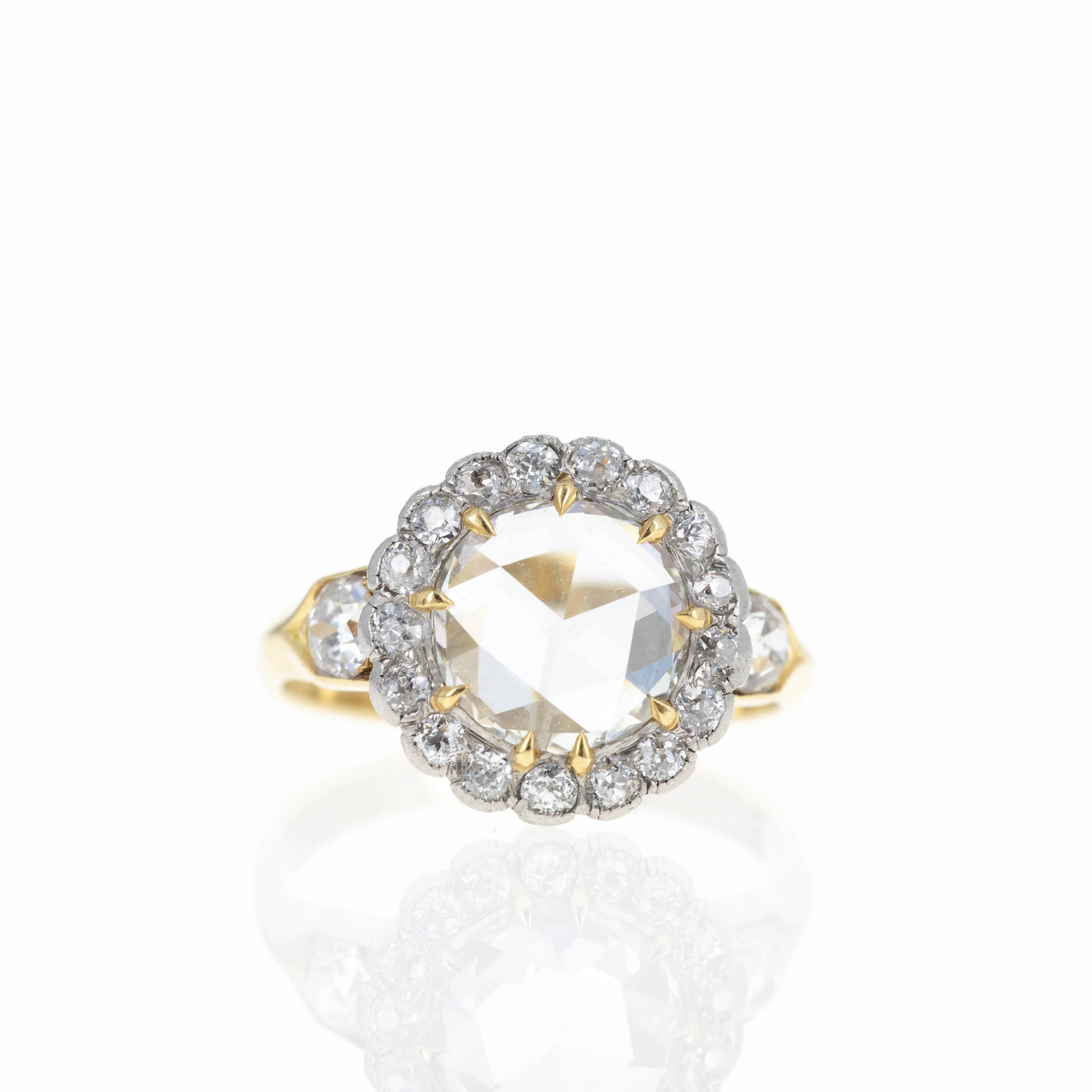 Victorian 14K and Platinum 1.50 Carat Rose Cut Diamond Halo Ring