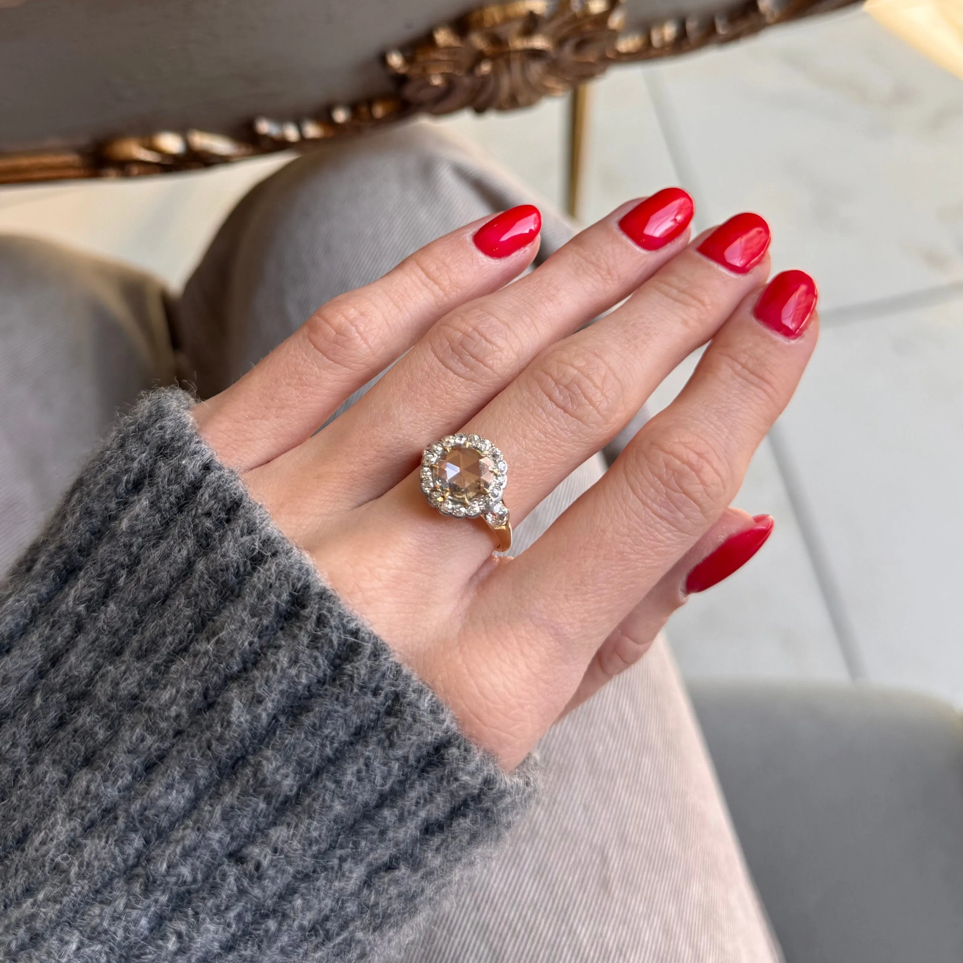 Victorian 14K and Platinum 1.50 Carat Rose Cut Diamond Halo Ring