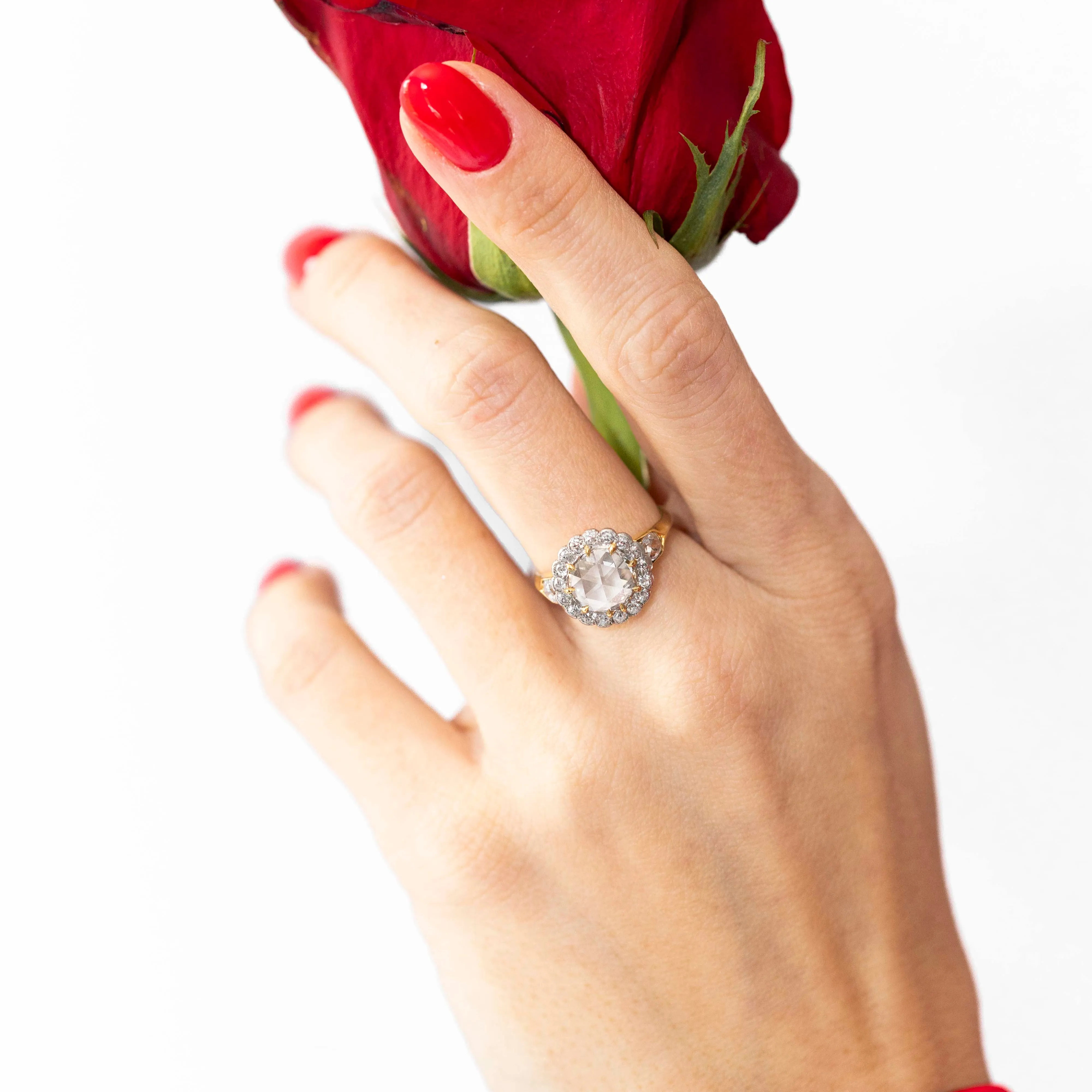Victorian 14K and Platinum 1.50 Carat Rose Cut Diamond Halo Ring