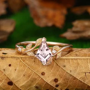 Vintage 1.35 CT Kite Cut Pink Morganite Nature Leaf Twist Vines Shape Ring