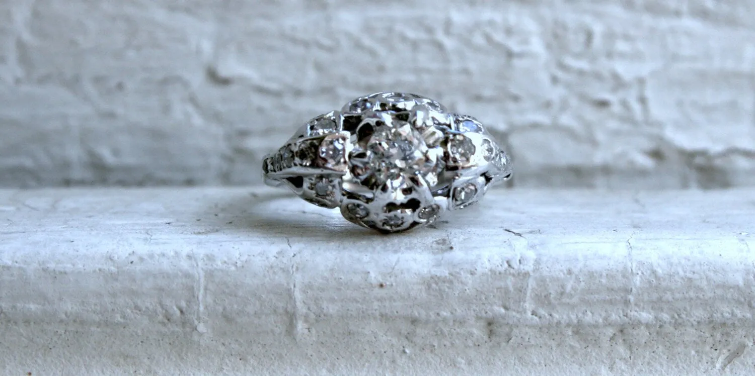 Vintage 14K White Diamond Engagement Ring - 1.08ct.
