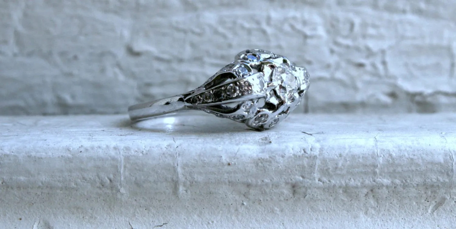 Vintage 14K White Diamond Engagement Ring - 1.08ct.