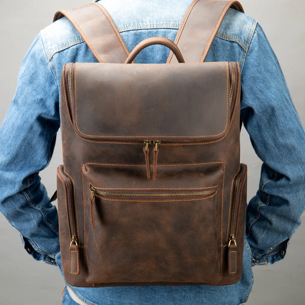 Vintage 15 Inch Laptop Bag Large Capacity Crazy Horse Leather Backpack Business Travel Hiking Daypacks