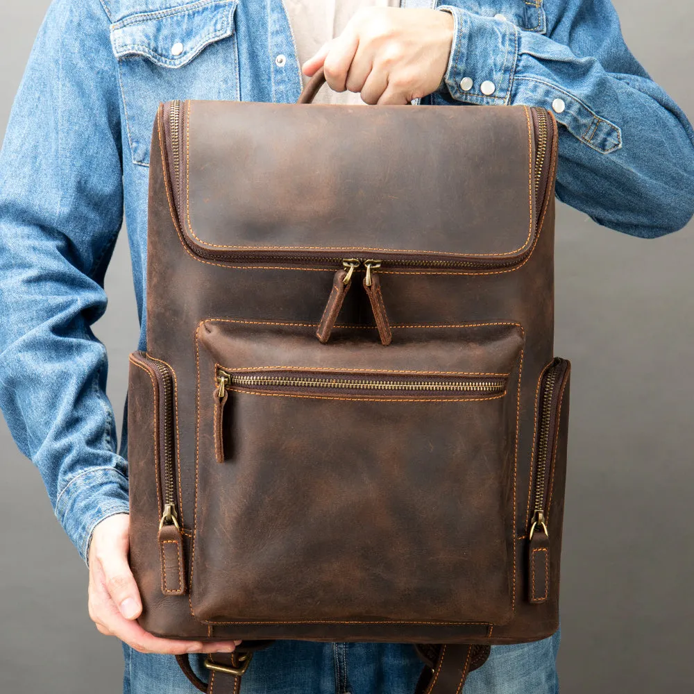 Vintage 15 Inch Laptop Bag Large Capacity Crazy Horse Leather Backpack Business Travel Hiking Daypacks
