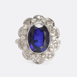 Vintage 5.4ct Sapphire & Diamond Flower Cluster Ring