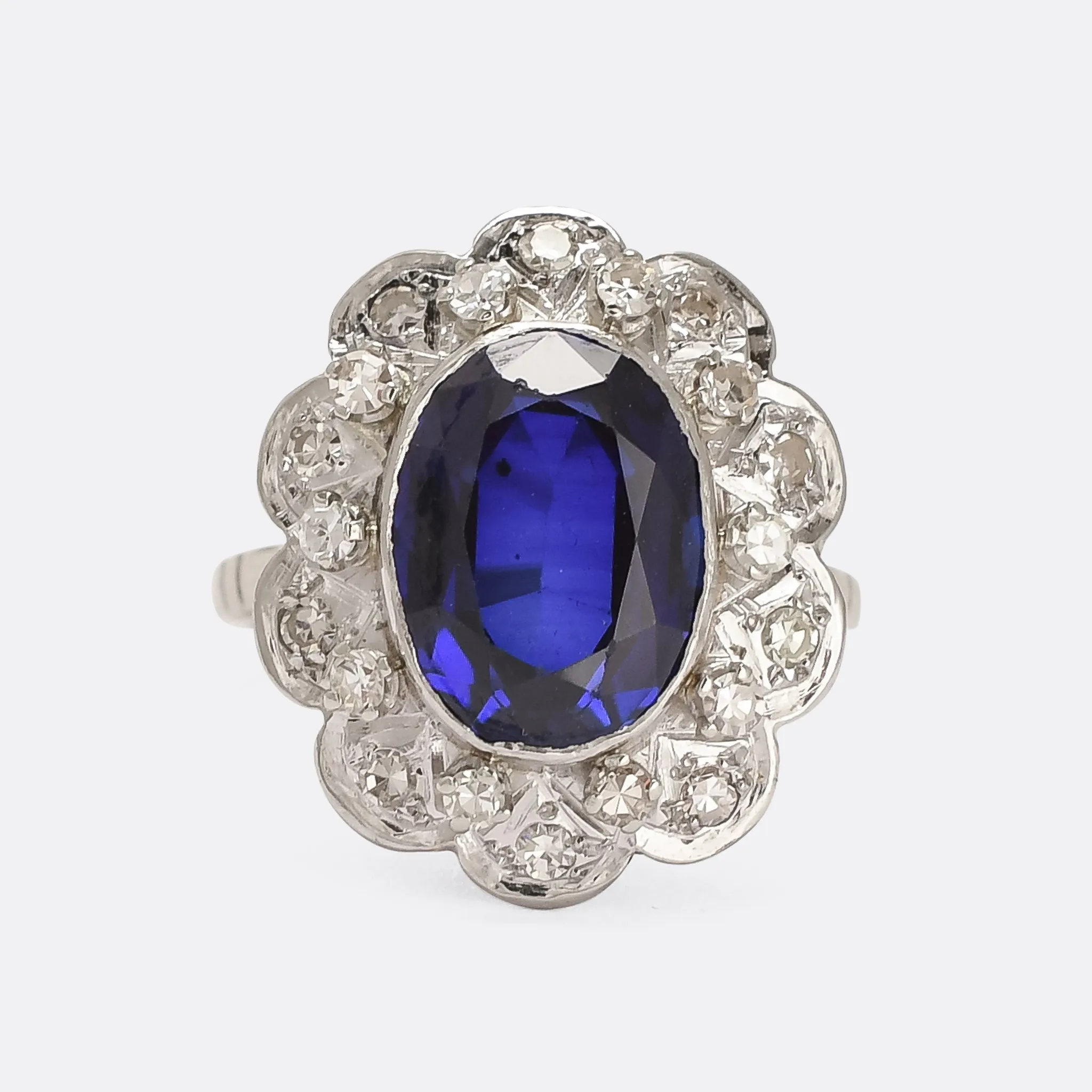 Vintage 5.4ct Sapphire & Diamond Flower Cluster Ring
