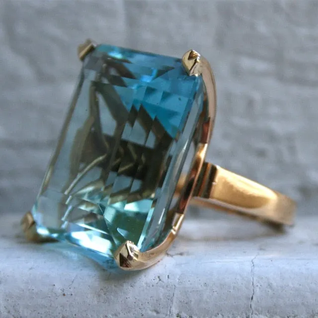 Vintage Aquamarine Gemstone Ring 14K Gold Women's Engagement Jewelry