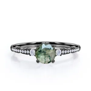 Vintage Bead décor 1.4 carat Round cut Moss Agate and diamond-pave filigree-three stone engagement ring in Black gold