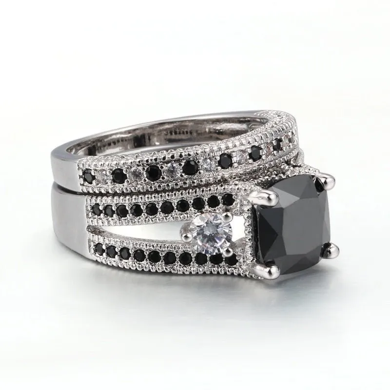 Vintage Black Zircon Engagement Ring Set For Women Bridal Gift Jewelry