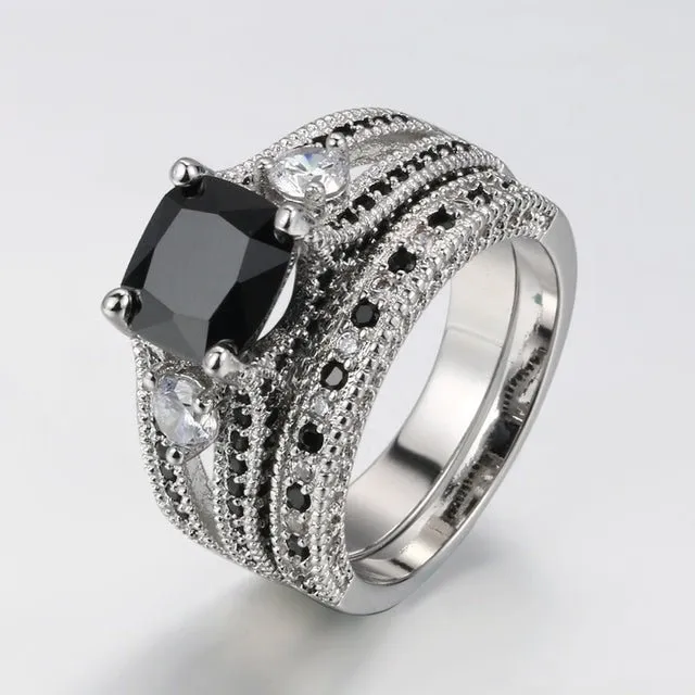 Vintage Black Zircon Engagement Ring Set For Women Bridal Gift Jewelry