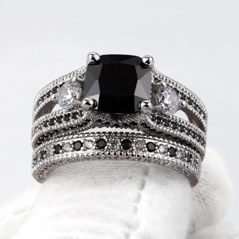 Vintage Black Zircon Engagement Ring Set For Women Bridal Gift Jewelry