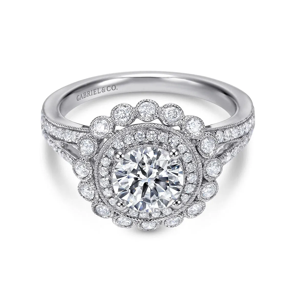 Vintage Double Halo Round Diamond Engagement Ring Mounting