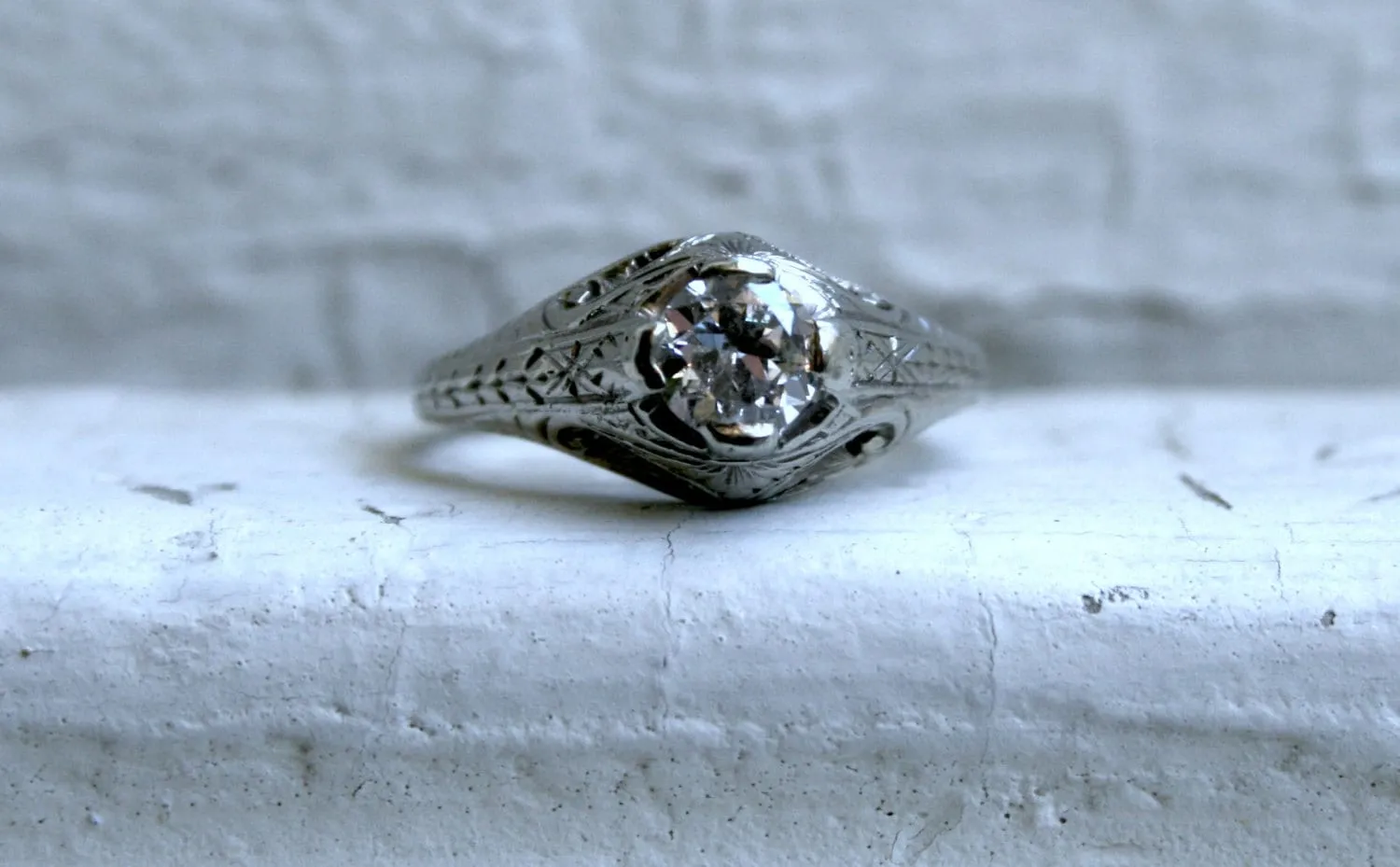 Vintage Filigree 18K White Gold Solitaire Diamond Engagement Ring - 0.55ct
