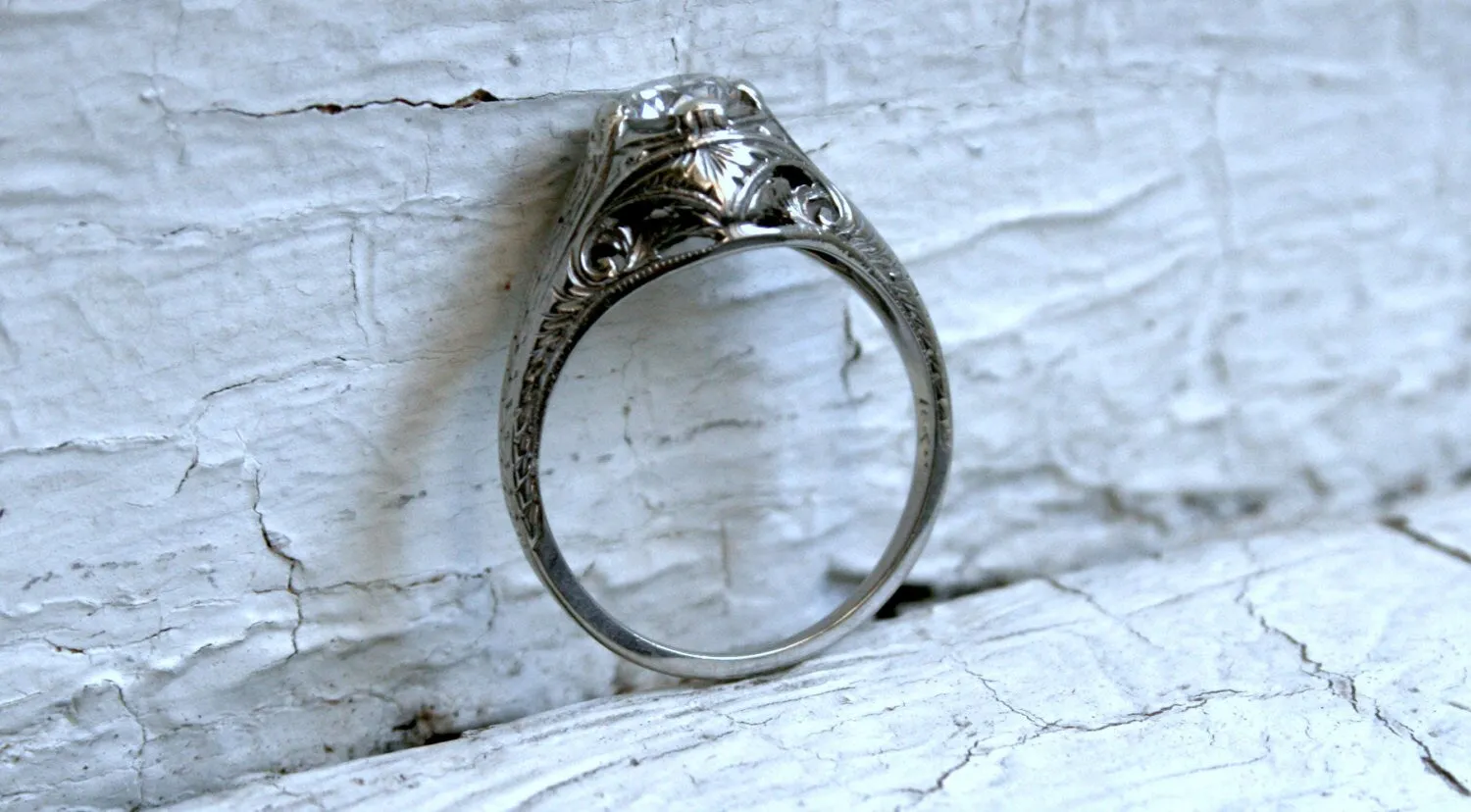 Vintage Filigree 18K White Gold Solitaire Diamond Engagement Ring - 0.55ct