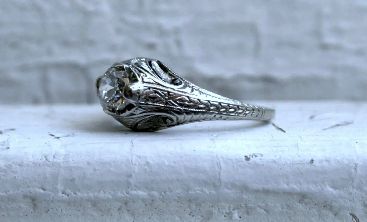 Vintage Filigree 18K White Gold Solitaire Diamond Engagement Ring - 0.55ct