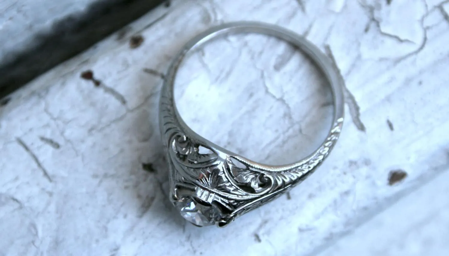 Vintage Filigree 18K White Gold Solitaire Diamond Engagement Ring - 0.55ct