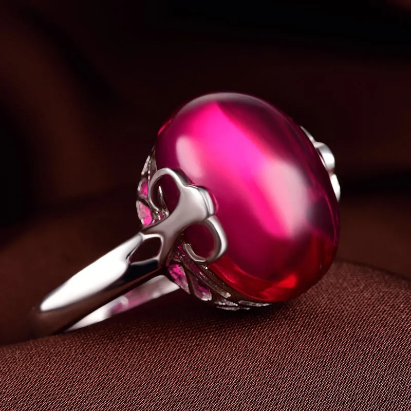 Vintage Genuine Red Ruby Ring 925 Sterling Silver Jewelry Women's Wedding Ring
