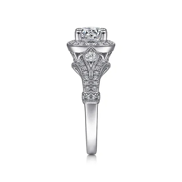 Vintage Inspired Cushion Halo Round Diamond Engagement Ring Mounting