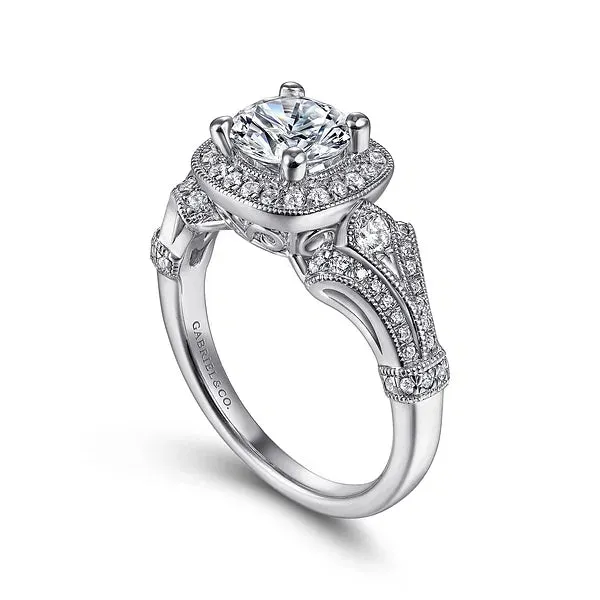 Vintage Inspired Cushion Halo Round Diamond Engagement Ring Mounting