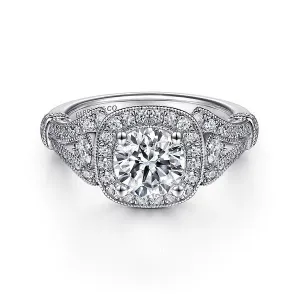 Vintage Inspired Cushion Halo Round Diamond Engagement Ring Mounting