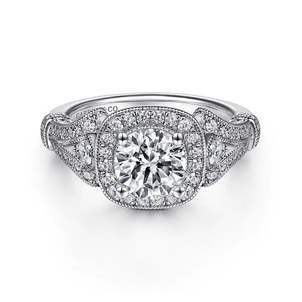 Vintage Inspired Cushion Halo Round Diamond Engagement Ring Mounting