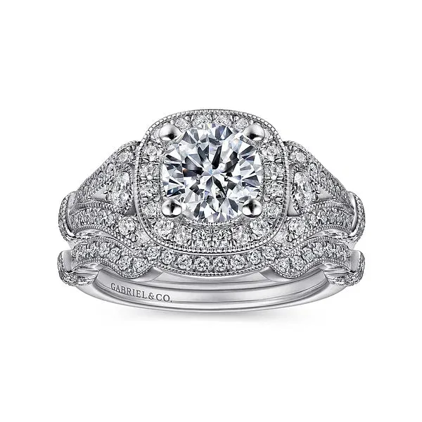 Vintage Inspired Cushion Halo Round Diamond Engagement Ring Mounting