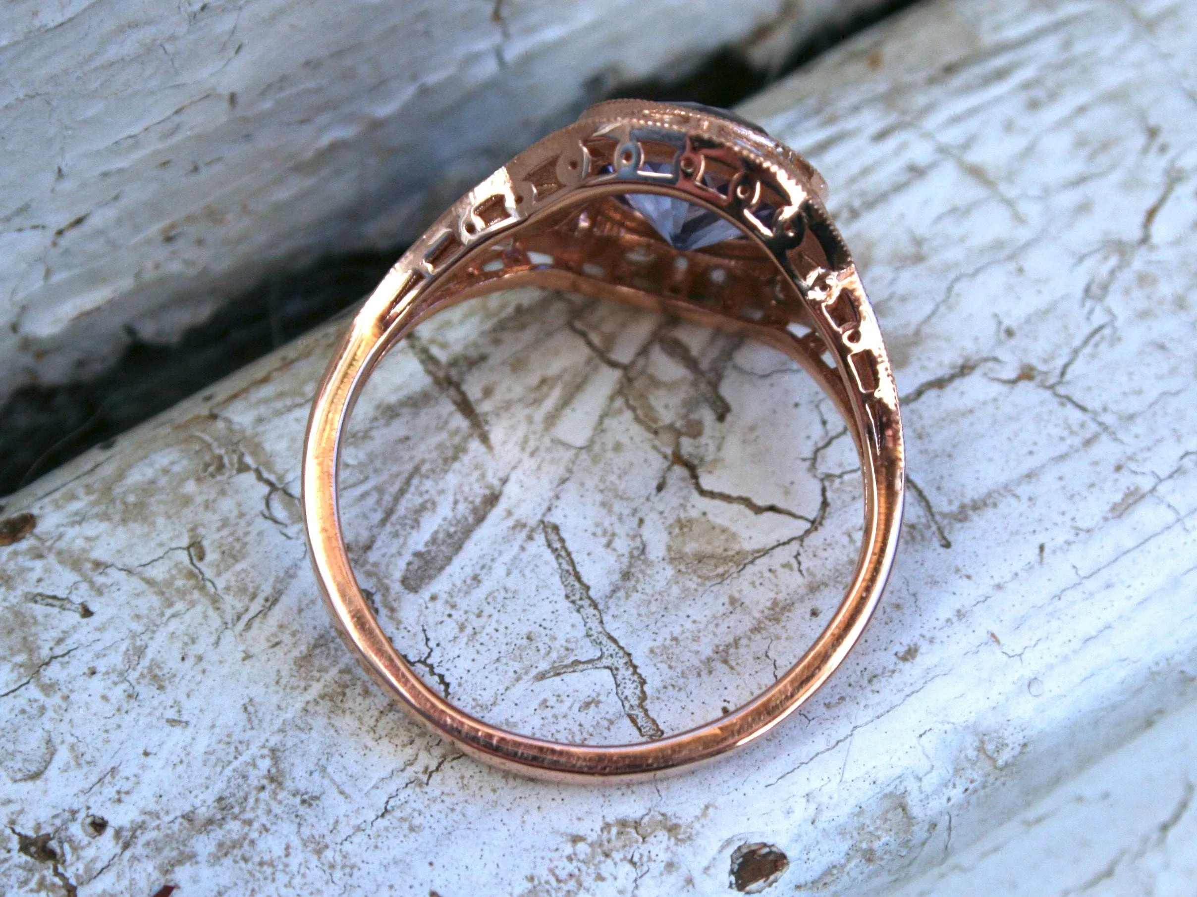 Vintage Inspired Diamond Halo Lavender Sapphire Engagement Ring Wedding Ring in 14K Rose Gold.