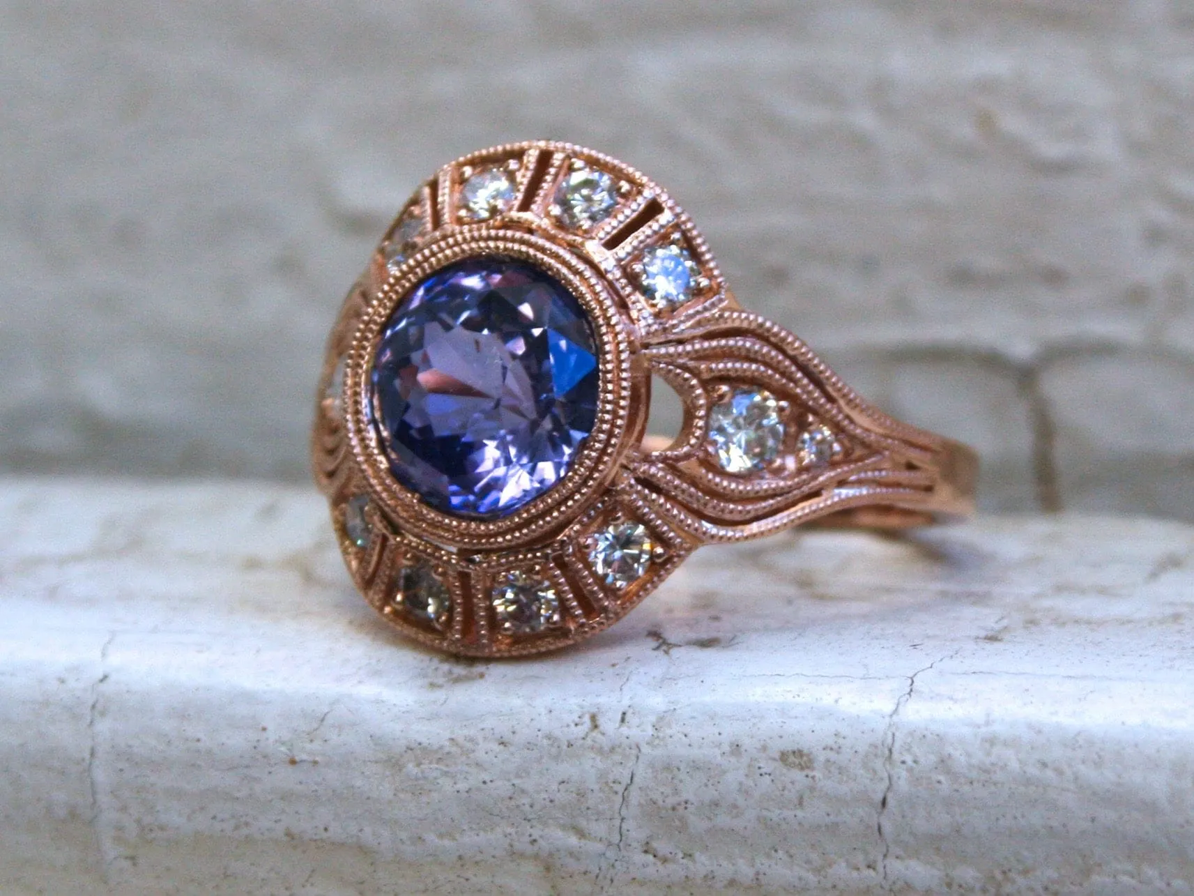 Vintage Inspired Diamond Halo Lavender Sapphire Engagement Ring Wedding Ring in 14K Rose Gold.